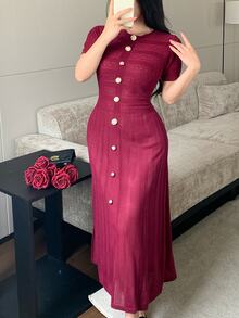 Modelyn Women's Solid Color Round Neck Short Sleeve Button Design Elegant Knit Dress - Burgundy - View 1