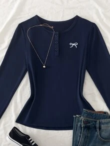 SHEIN Sparklyn Teen Girls Grey & Black Striped Collar Button Decor Lace Trim Design Long Sleeve Casual Versatile T-Shirt, Suitable For Spring & Autumn, Suitable For Daily Wear, Commuting, Travel, Gatherings - Navy Blue - View 3