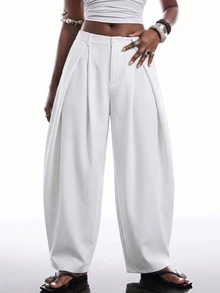 SHEIN EZwear 白色秋冬復古休閒街頭風寬鬆軍綠色圓弧下擺大尺碼長褲 - 白色 - 查看 1