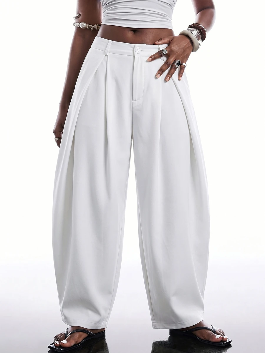 SHEIN EZwear 白色秋冬復古休閒街頭風寬鬆軍綠色圓弧下擺大尺碼長褲 - 白色 - 查看 1
