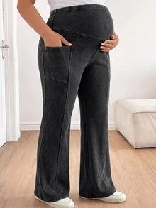 Plussiva بنطلون واسع الساق للحوامل بمقاس كبير مع حزام خصر قابل للتعديل وتصميم جيوب لفصل الخريف - الأسود - مشاهدة 3