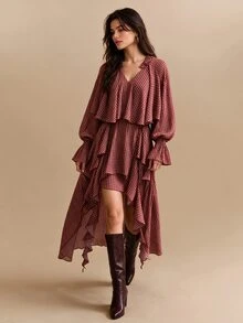 CielaLinda Women's Red And Black Plaid Ruffle Boho Dress, Long Sleeve Flowy Vacation Fall - Red - View 1