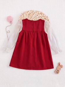 SHEIN Babygirl Cute Casual Colorblock Red Bow Long Sleeve Dress - Red - View 5