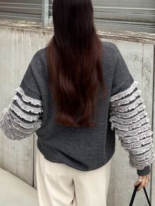 FRIFUL 女款休閒拼色深灰色毛衣，秋冬城市度假日常穿搭 - 灰色 - 查看 3