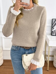 SHEIN PariChic Sweater Kasual Lengan Panjang Leher Bulat dengan Hiasan Rumbai untuk Wanita - Aprikot - View 1