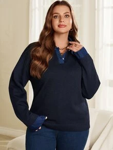 EMERY ROSE Women's Plus Size Lapel Collar Patchwork Blue Pullover Sweater Winter - Blue - View 7