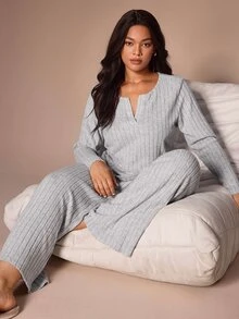 Lazeform Ultra Soft Ribbed Half-Open Collar Plus Size Women's Pajama Set Casual Loungewear - Light Grey - View 1