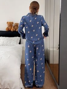 Napfluff 可愛卡通熊印花開襟領女款睡衣套裝 - 藍色 - 查看 2