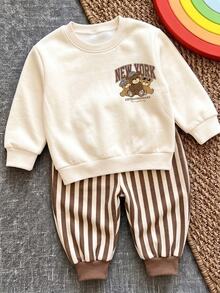 Baby Girls Round Neck Casual Comfortable Set, Simple Style Suitable For All Seasons Autumn Winter - Multicolor - View 3