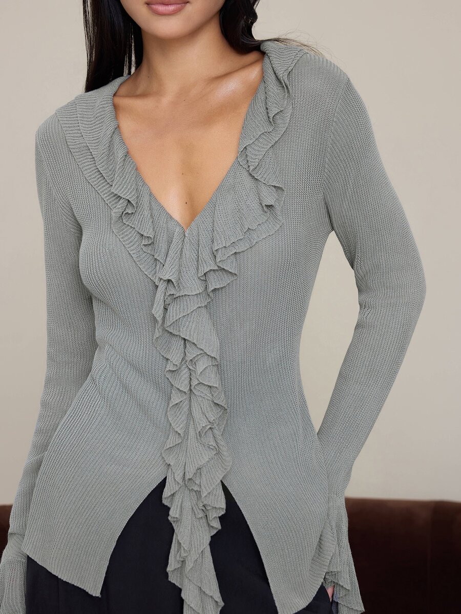 COSMINA Women's Casual Elegant Ruffle Knit Top - Grey - View 1