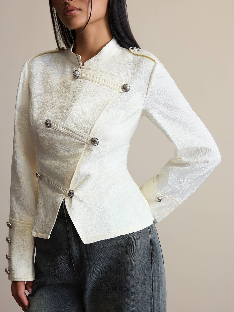 COSMINA Atasan Jacquard Kancing Gaya Napoleon Elegan Kasual Wanita - Aprikot - View 1