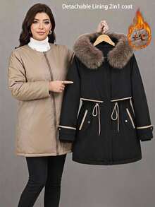 Comfylo Plus Size Women's Long Sleeve Zip-Up Hooded Jacket With Drawstring Waist - Black - View 1