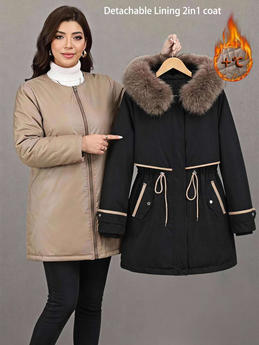 Comfylo Plus Size Women's Long Sleeve Zip-Up Hooded Jacket With Drawstring Waist - Black - View 1