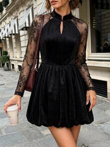 SHEIN Women's Lace Patchwork Bud Hem Design Velvet Dress, Suitable For Dating, Party, Business Wear - Black - View 3