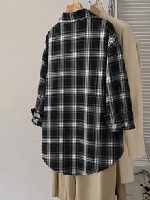 SHEIN LUNE 大尺碼女款格紋長袖單排扣休閒寬鬆襯衫 - 黑色 - 查看 2