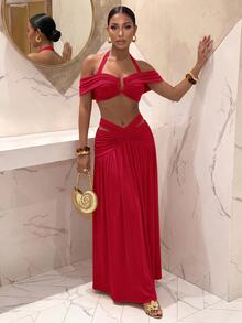 Slaydiva Summer New Sexy Elegant Vacation Birthday Party, Back To School, College Style, Student Outfit, Casual Outing, All-Match Versatile Item, Casual, Vacation, Cruise Trip, Beach, Seaside, Sunbathing Halter Neck Straight Neckline Super Short Top And A-Line Ruched Long Skirt Orange Bright Color Women's Two Pieces Set-A - Red - View 3