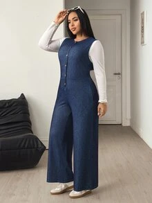 Flexra Jumpsuit Denim Kasual Wanita Ukuran Besar - Dark Wash - View 5