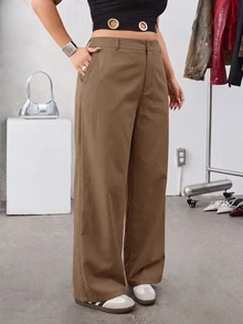 SHEIN EZwear 卡其色純色斜口袋休閒基礎大尺碼西裝長褲，秋冬款 - 卡其色 - 查看 5