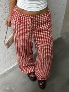 SHEIN ICON 新款復古格紋直筒寬腿休閒通勤甜美長褲 - 酒紅色 - 查看 5