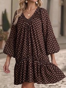 Editum Women's Polka Dot V-Neck Lantern Sleeve Ruffle Hem Midi Dress - Coffee Brown - View 5