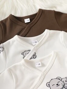 SHEIN 3件組新生兒和服連身衣 可愛白色棕熊印花 側開扣長袖V領 常規款 生日秋冬白色上衣 節日圖案 - 彩色 - 查看 7