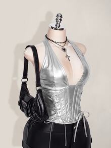 SHEIN ICON 大尺碼女款純色簡約休閒 PU 皮革掛脖式綁帶背心，鉚釘裝飾，Y2K 外出穿搭，酒紅色 V 領露肩上衣 - 銀色 - 查看 6