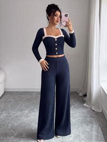 SHEIN Elenzya 女款秋冬撞色鈕扣設計長袖短版上衣與寬腿褲休閒套裝 - 寶藍色 - 查看 3