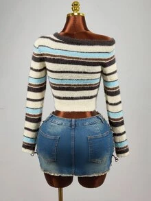 Mistrie Y2K Asymmetrical Shoulder Colorblock Striped Fuzzy Cropped Long Sleeve Knit Sweater - Blue - View 9