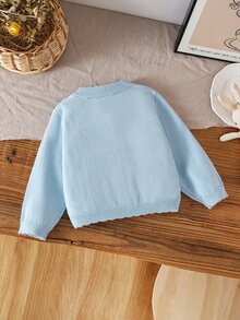 SHEIN Baby Girls Cardigans Round Neck Knitted Sweater Open Front Long Sleeve Jacket Suitable For Autumn/Winter Versatile - Baby Blue - View 2
