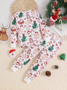 SHEIN Young Girl Casual Comfortable Cute Christmas Style Printed Pattern Fitted Pajama Set - Multicolor - View 3