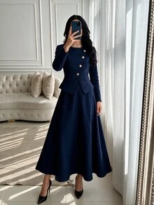 Modelyn Women Navy Two Pieces Dress Set Gold Button Asymmetric Peplum Cropped Top & High Waist A Line Flared Skirt Quiet Luxury Fall Office Wedding Guest - Blue - View 7