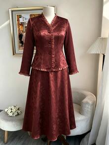 Modelyn Plus Size Women's Jacquard Frill Trim Single-Breasted Shirt And Skirt Elegant 2 Pieces Set - Brown - View 3