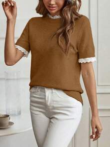 Louniche Spring/Summer Elegant Commute & Home Daily Wear Apricot Small Round Neck Lace Trim Patchwork Knit Pullover Short Sleeve Sweater - Brown - View 4
