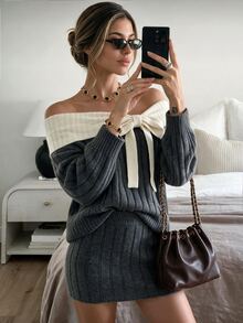 Flora Isola Flora Isola Off Shoulder Color Block Bow Decor Ribbed Knit Top & Mini Skirt Set, Women Elegant Long Sleeve Sweater Two Pieces Outfit - Grey - View 5