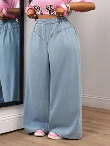 Slaydiva Plus Size Women's High Waist Loose Casual Versatile Denim Wide Leg Pants - Black - View 3