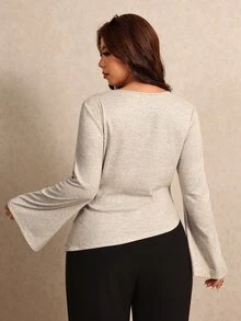 Elaquor Plus Size Women's Metal Decor Asymmetric Collar Bell Sleeve T-Shirt Elegant T-Shirt For Women Fall/Winter Elegant Office Teacher T-Shirt For Women - Apricot - View 2