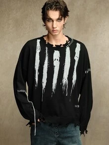 ROMWE MEN Men's Brush Pattern Distressed Hem Drop Shoulder Loose Fit Long Sleeve Sweater - Black - View 1