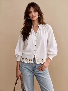 CielaLinda Women's White Embroidered Blouse, Floral Cutwork Button Front Shirt, Long Sleeve Cotton Top - White - View 3