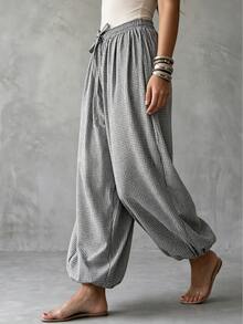 Linhara CURVE Autumn/Winter Casual Relaxed Artistic Style, Japanese Linen Slouchy Fit, Comfortable And Effortless, Daily Vacation, Commute Casual Plus Size Pants - Black and White - View 3