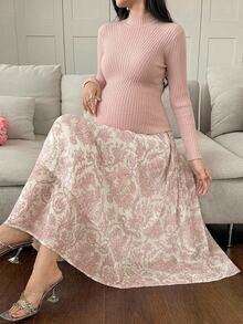 DAZY Solid Color Fitted Mock Neck Long Sleeve Sweater & Printed Umbrella Skirt Elegant Vacation Korean Style Spring Autumn Maternity 2 Pieces Set - Pink - View 1