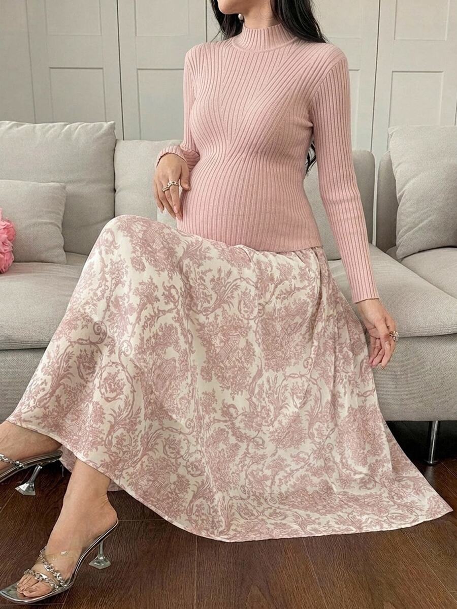 DAZY Solid Color Fitted Mock Neck Long Sleeve Sweater & Printed Umbrella Skirt Elegant Vacation Korean Style Spring Autumn Maternity 2 Pieces Set - Pink - View 1