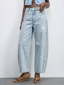 Maija Women's Casual Loose Fit Denim Jeans With Pocket And Rhinestone Curved Hem - Light Wash - View 3
