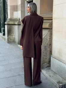 Aloruh Suit Jacket With Ribbon Detail And Long Pants, Office Commute Outfit Set - Purple - View 6