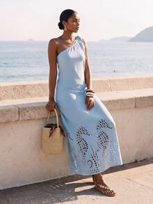 CAJUNI One-Shoulder Maxi Dress With Tie Detail And Laser-Cut Hem - Blue - View 7