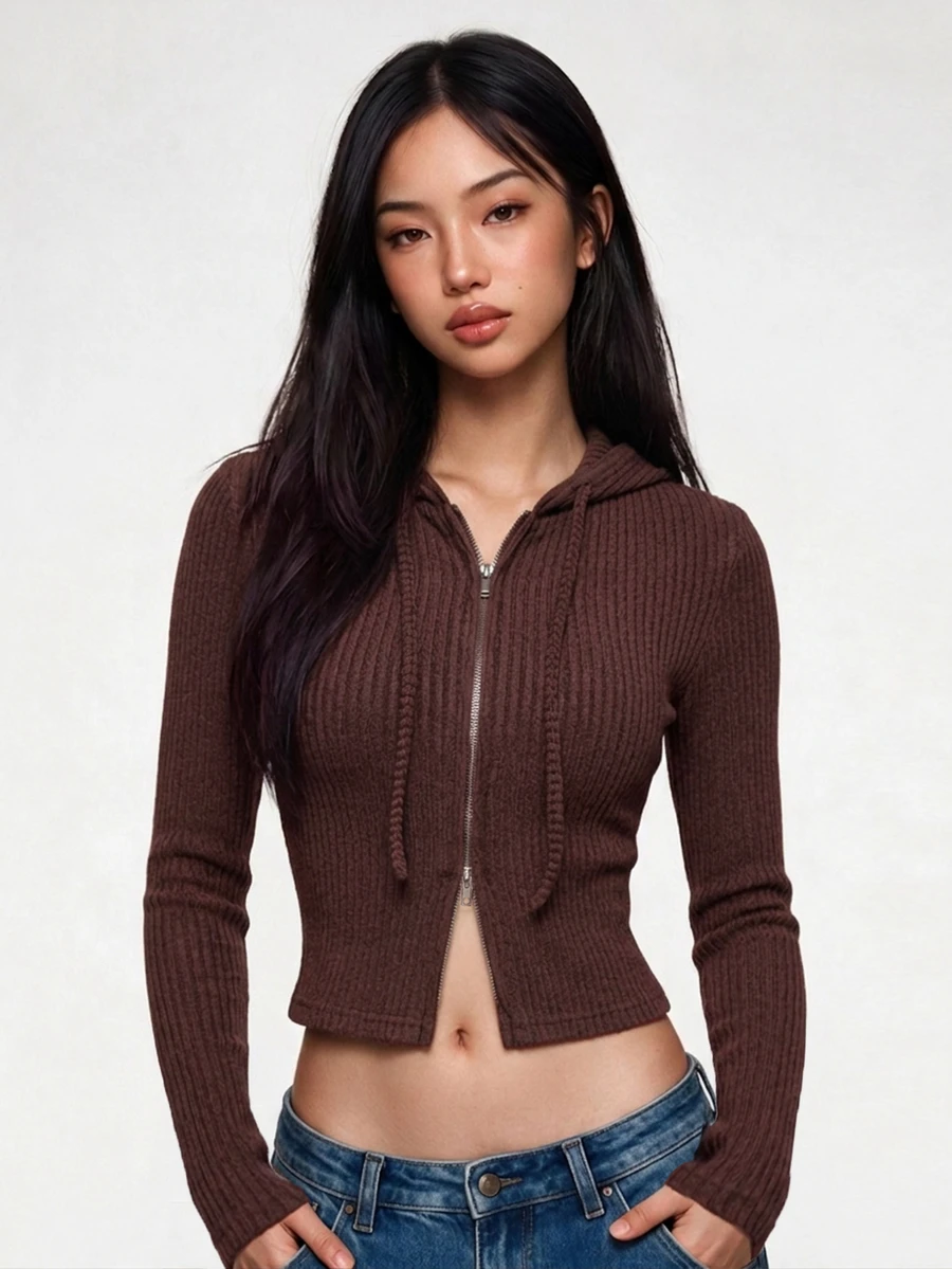 Rina Fox New Arrival Ribbed Knit Zip Up Hooded Crop Jacket, 3D Tailoring Slim Long Sleeve Outerwear - Brown - View 1