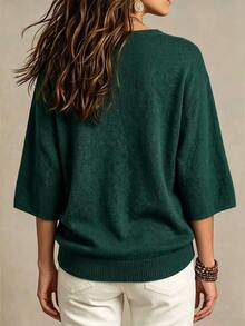 SHEIN Casual Loose Round Neck 3/4 Sleeve Knit Basic Batwing Sleeve Design Gray Women's Spring/Autumn Knit Top - Dark Green - View 2