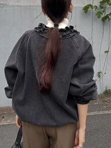 FRIFUL Women's Fashion Zipper Frill Trim Patchwork Denim Jacket - Black - View 2