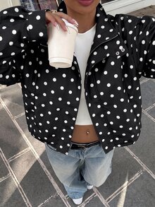 SHEIN EZwear 大尺碼女款波點休閒百搭日常長袖夾克 - 黑與白 - 查看 1