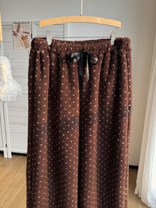 Comfortcana Plus Size Women's Polka Dot Pattern Waist Bow Decor Loose Fit Long Pants - Brown - View 3