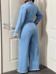 Slaydiva Women's Long Sleeve Single-Breasted Pocket Distressed Wide Leg Casual Denim Jumpsuit - Blue - View 2
